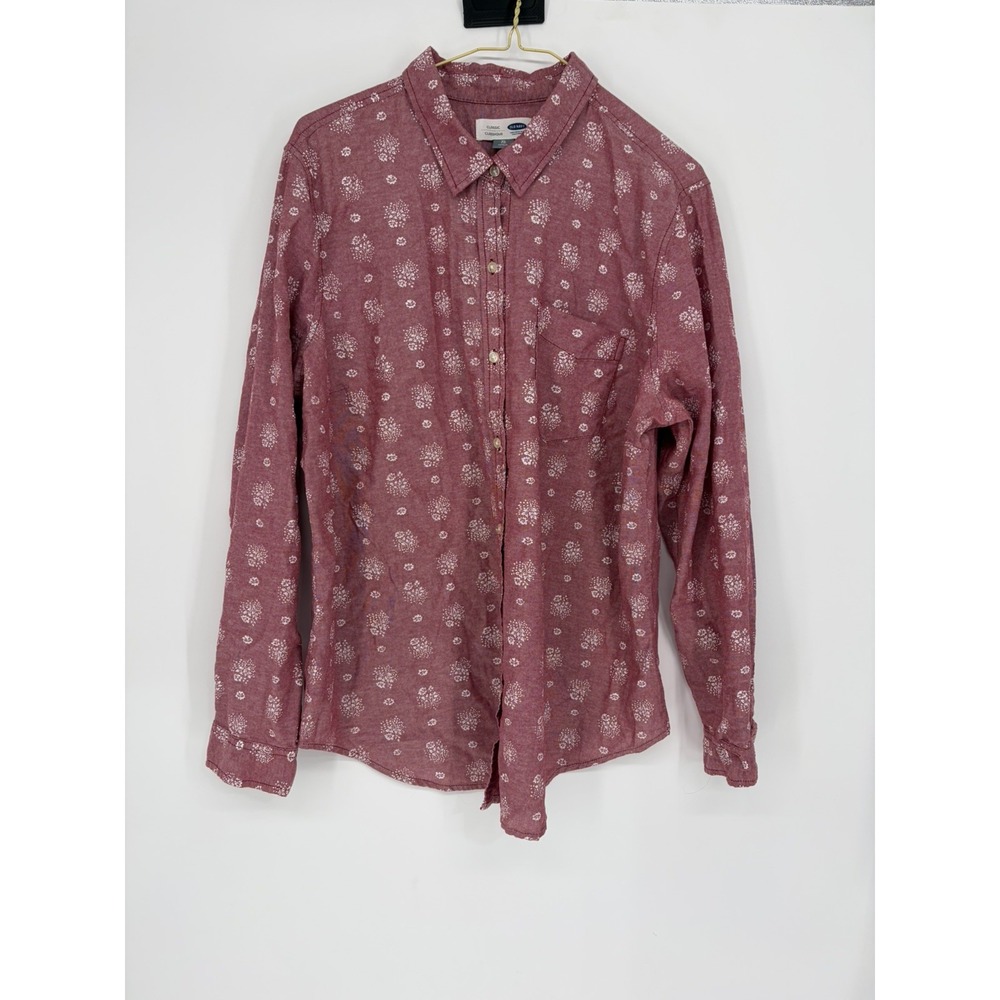 Old Navy Pink Flower Power Long Sleeve Button Down Shirt Pocket Cotton Size XL
